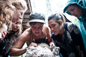 woman identifying membrane during hide tanning teaching