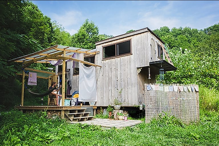 A beautiful DIY tiny house with wood siding and a porch and outdoor shower sits in a yard