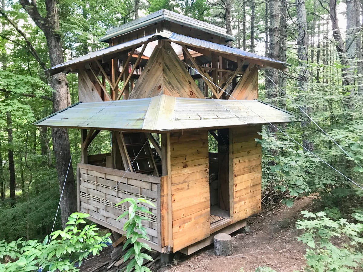 The Pagoda 3 season open air sleeping structure, rentable as an airbnb for folks staying at Wild Abundance's original campus during a Wildcrafting or Rewilding weekend retreat.