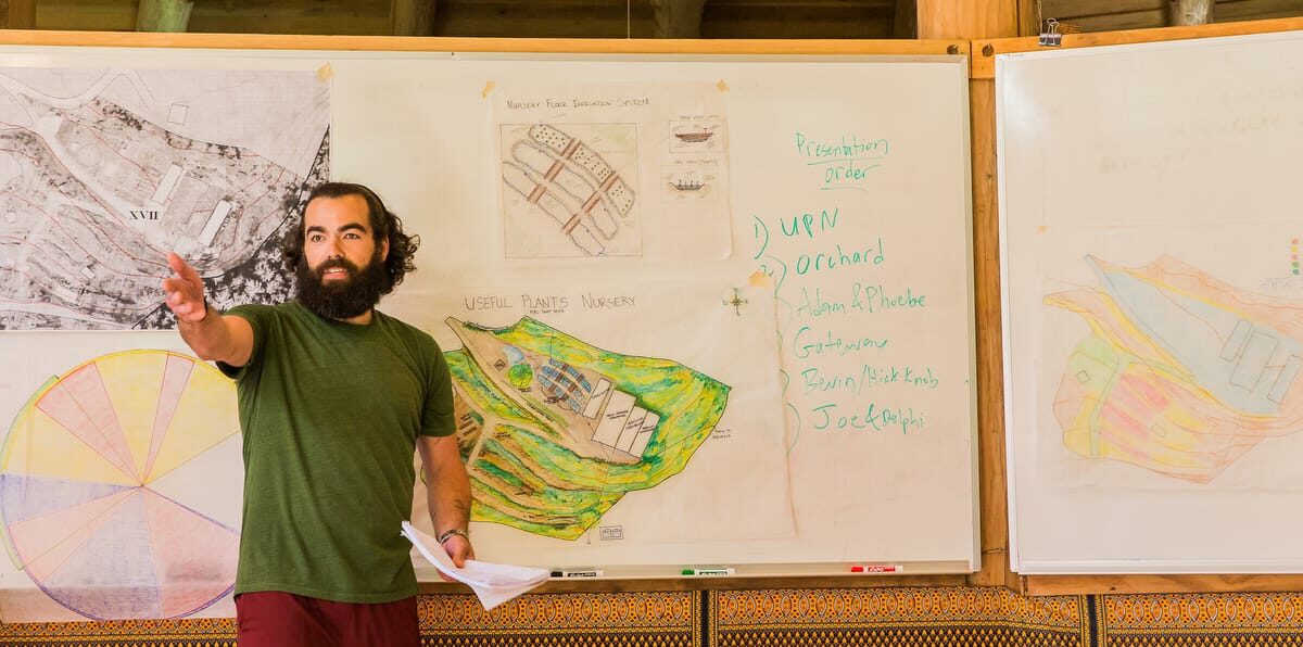 A student presenting his permaculture landscaping design project during a class at Wild Abundance