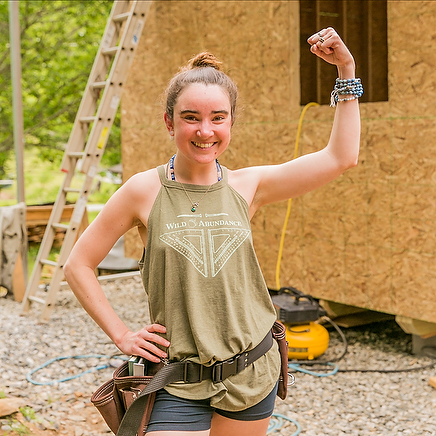 A student building a DIY Tiny House with guidance from the Wild Abundance Online Tiny House Academy