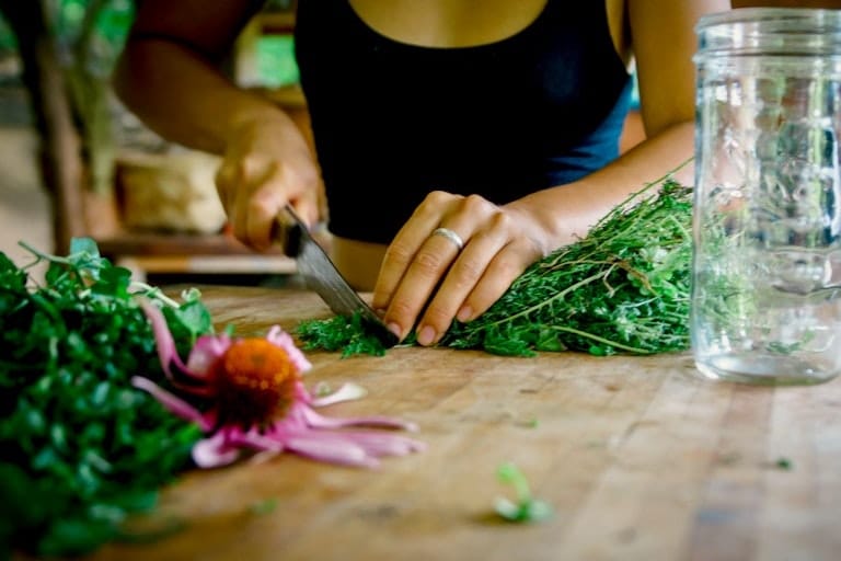 Young woman cutting herbs (1)